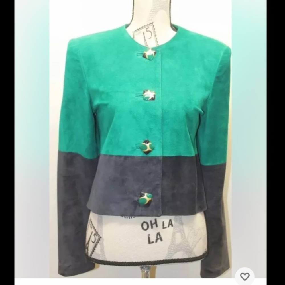 VTG Danier Women Suede Blazer Coat Metal Buttons XS Green Black Canada